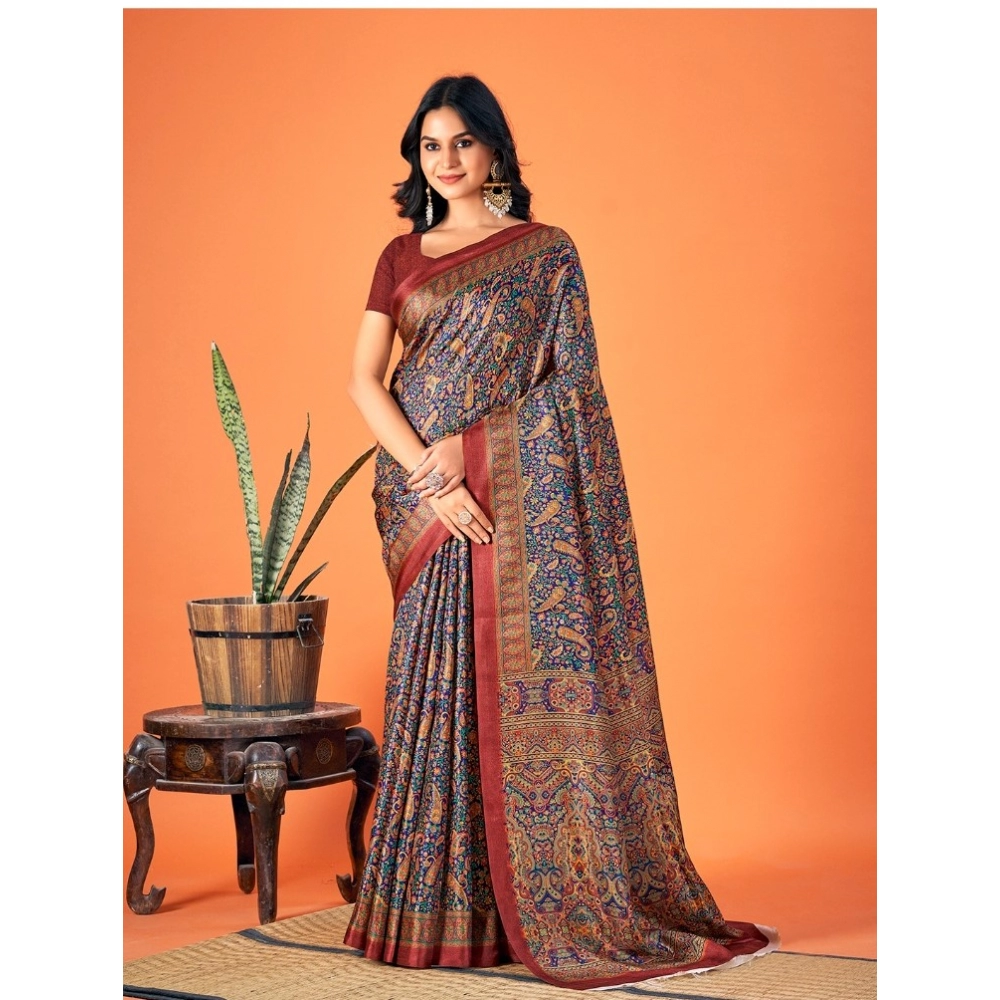 Generic Women's Polyester Printed Saree With Unstitched Blouse 5.5Mtr (Grey)