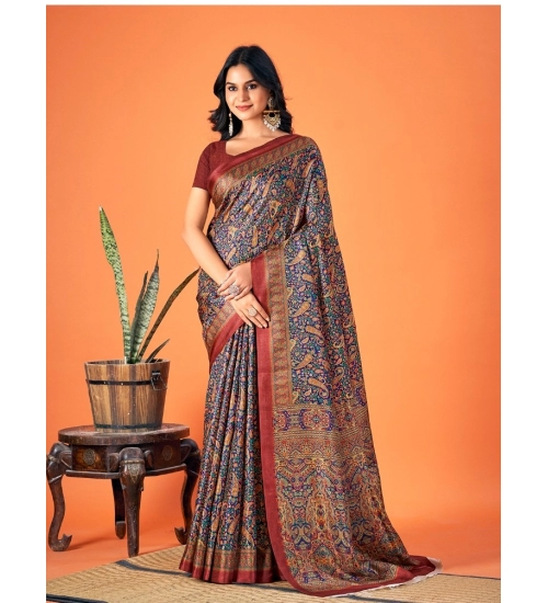 Generic Women's Polyester Printed Saree With Unstitched Blouse 5.5Mtr (Grey)