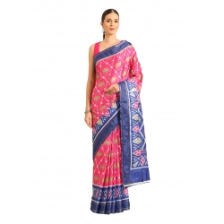 Generic Women's Cotton Printed Saree With Unstitched Blouse 5.5Mtr (Pink-Blue)