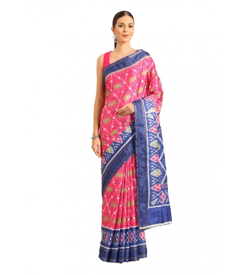 Generic Women's Cotton Printed Saree With Unstitched Blouse 5.5Mtr (Pink-Blue)