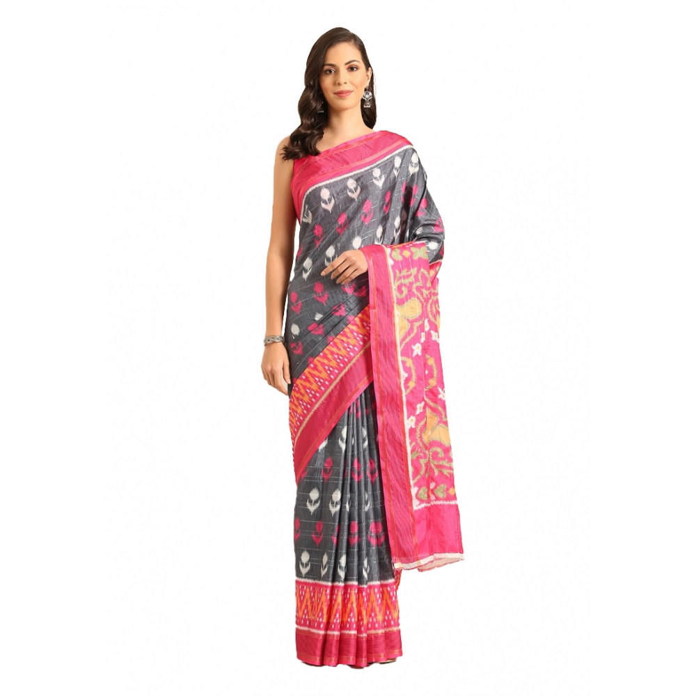 Generic Women's Cotton Printed Saree With Unstitched Blouse 5.5Mtr (Grey-Pink)
