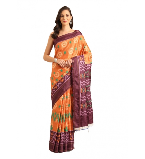 Generic Women's Cotton Printed Saree With Unstitched Blouse 5.5Mtr (Orange)