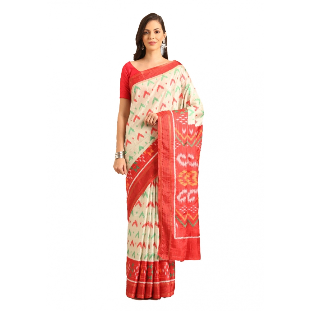 Generic Women's Cotton Printed Saree With Unstitched Blouse 5.5Mtr (Off-white)