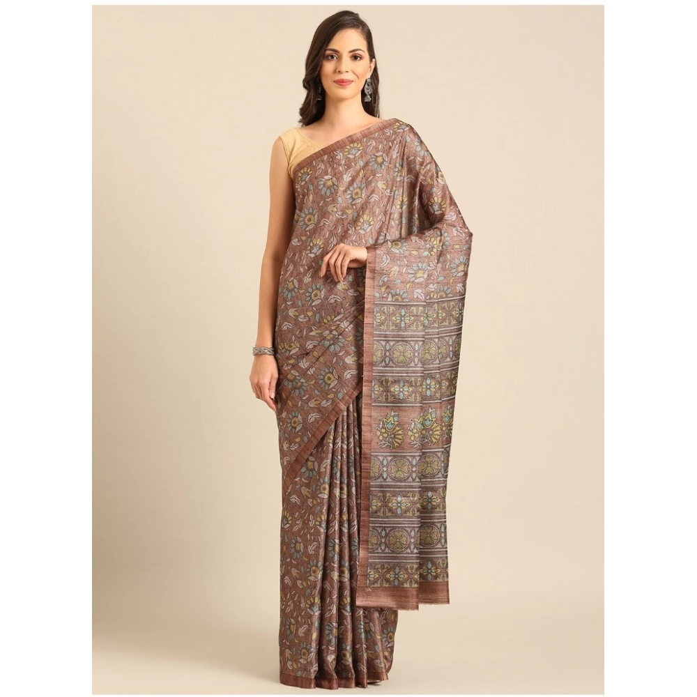 Generic Women's Cotton Printed Saree With Unstitched Blouse 5.5Mtr (Brown-Yellow)