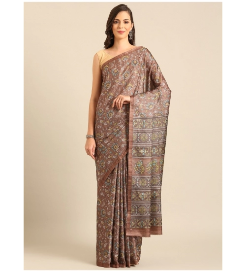 Generic Women's Cotton Printed Saree With Unstitched Blouse 5.5Mtr (Brown-Yellow)
