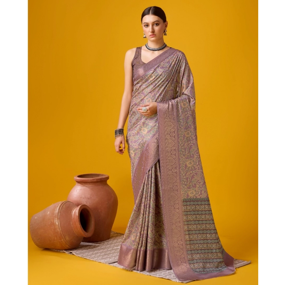 Generic Women's Cotton Printed Saree With Unstitched Blouse 5.5Mtr (Purple)