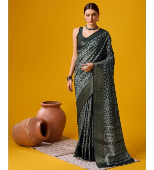 Generic Women's Cotton Printed Saree With Unstitched Blouse 5.5Mtr (Black)