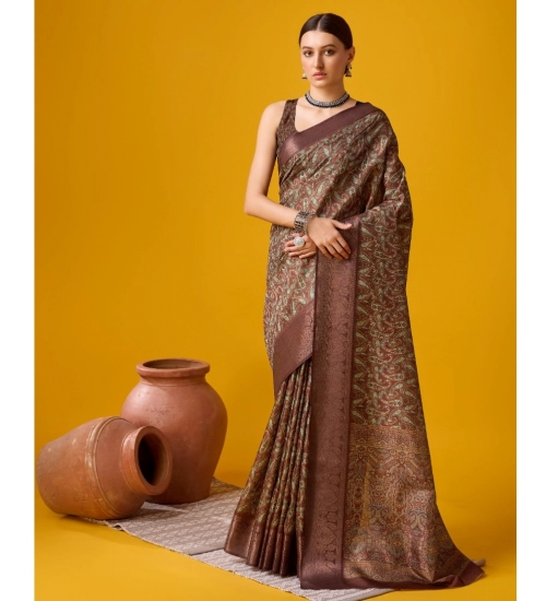 Generic Women's Cotton Printed Saree With Unstitched Blouse 5.5Mtr (Brown)