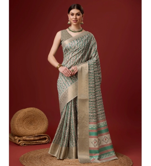 Generic Women's Cotton Printed Saree With Unstitched Blouse 5.5Mtr (Turquoise)