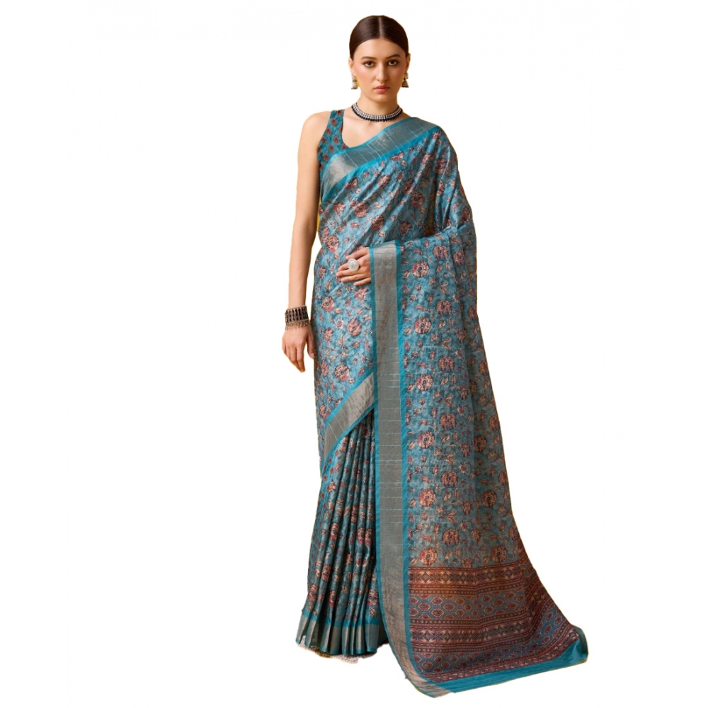 Generic Women's Cotton Printed Saree With Unstitched Blouse 5.5Mtr (Blue)
