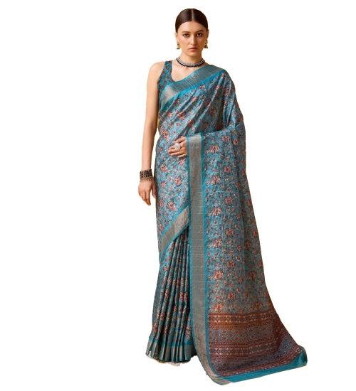 Generic Women's Cotton Printed Saree With Unstitched Blouse 5.5Mtr (Blue)