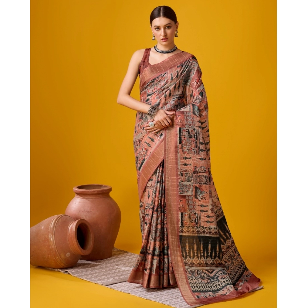 Generic Women's Cotton Printed Saree With Unstitched Blouse 5.5Mtr (Brown)
