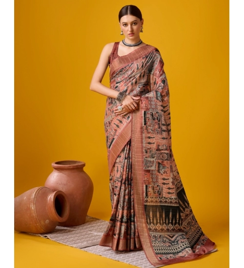 Generic Women's Cotton Printed Saree With Unstitched Blouse 5.5Mtr (Brown)