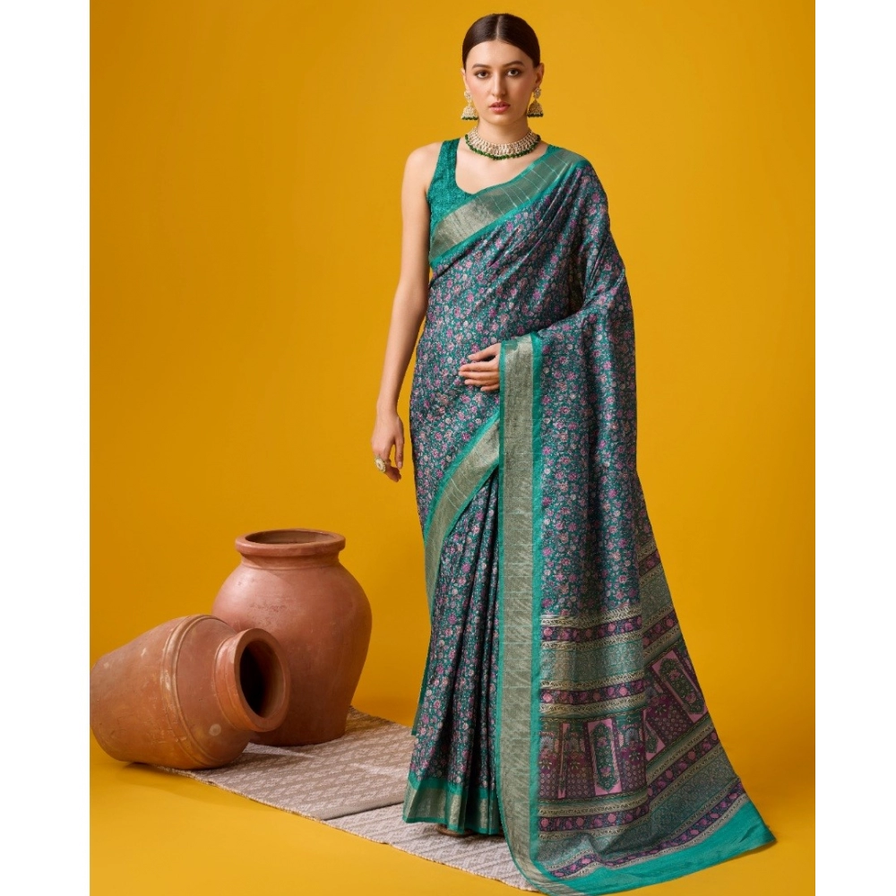 Generic Women's Cotton Printed Saree With Unstitched Blouse 5.5Mtr (Green)