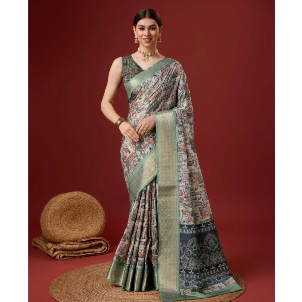 Generic Women's Cotton Printed Saree With Unstitched Blouse 5.5Mtr (Grey)