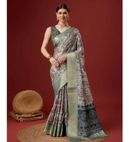 Generic Women's Cotton Printed Saree With Unstitched Blouse 5.5Mtr (Grey)