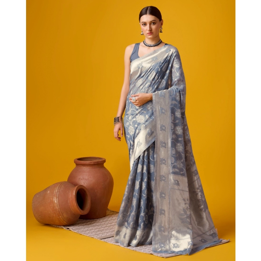 Generic Women's Cotton Printed Saree With Unstitched Blouse 5.5Mtr (Grey)