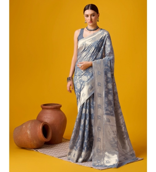 Generic Women's Cotton Printed Saree With Unstitched Blouse 5.5Mtr (Grey)