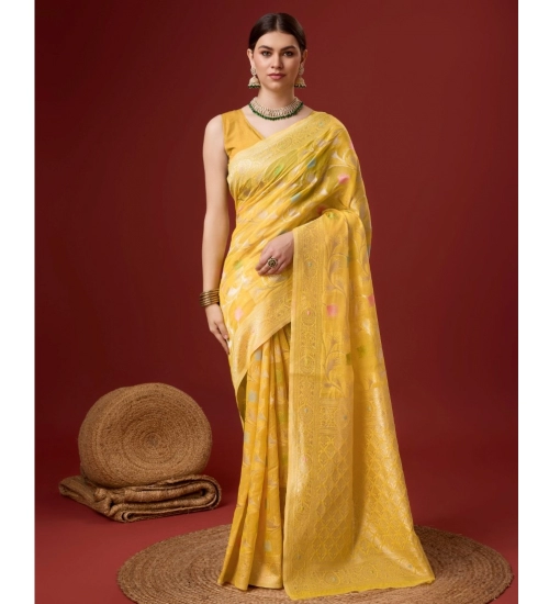 Generic Women's Cotton Woven Design Saree With Unstitched Blouse 5.5Mtr (Yellow)