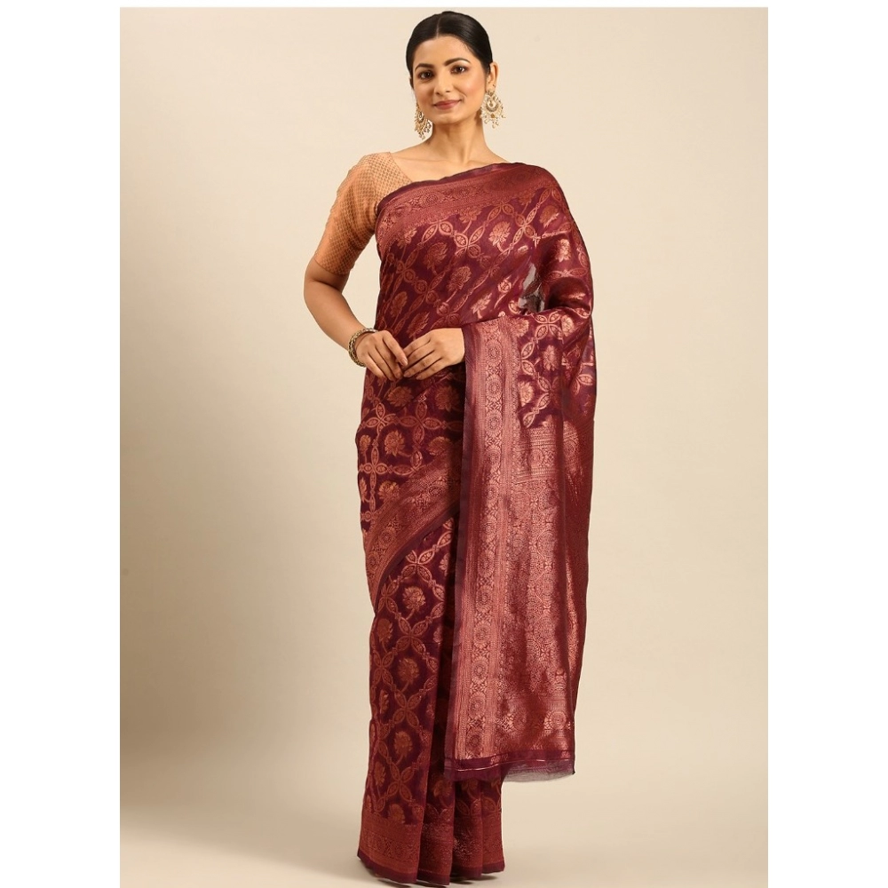 Generic Women's Cotton Woven Design Saree With Unstitched Blouse 5.5Mtr (Wine)