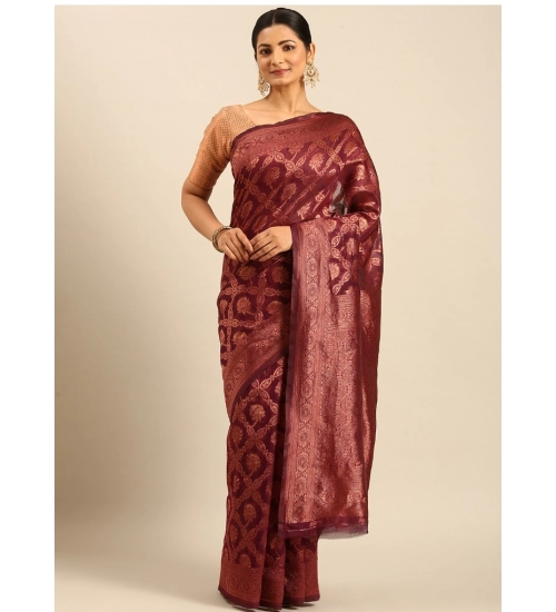 Generic Women's Cotton Woven Design Saree With Unstitched Blouse 5.5Mtr (Wine)