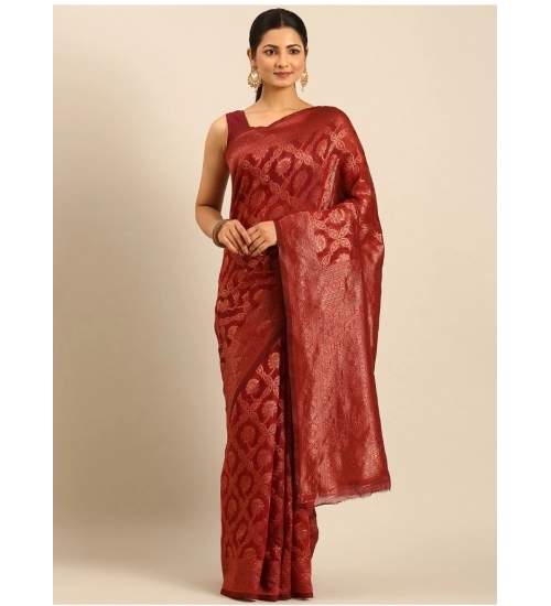Generic Women's Cotton Woven Design Saree With Unstitched Blouse 5.5Mtr (Maroon)