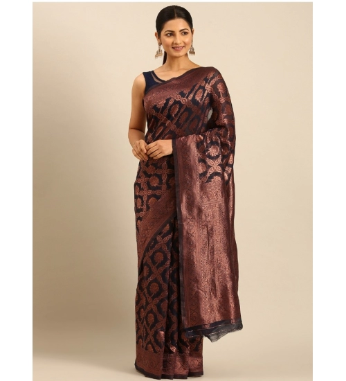 Generic Women's Cotton Woven Design Saree With Unstitched Blouse 5.5Mtr (Navy-Blue)