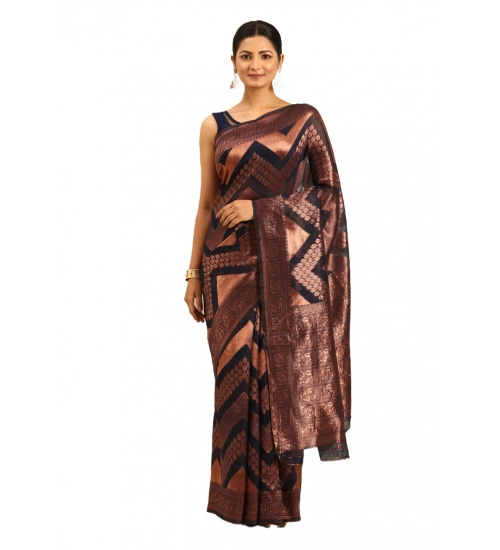 Generic Women's Cotton Woven Design Saree With Unstitched Blouse 5.5Mtr (Navy-Blue)