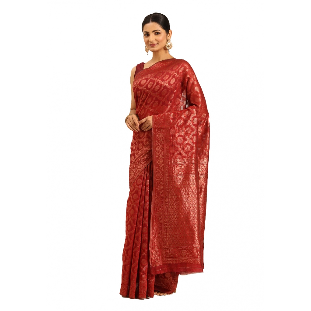 Generic Women's Cotton Woven Design Saree With Unstitched Blouse 5.5Mtr (Red)