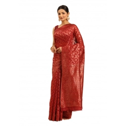 Generic Women's Cotton Woven Design Saree With Unstitched Blouse 5.5Mtr (Red)