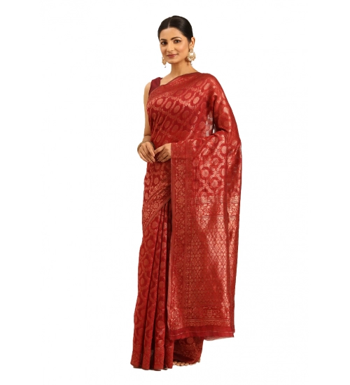 Generic Women's Cotton Woven Design Saree With Unstitched Blouse 5.5Mtr (Red)