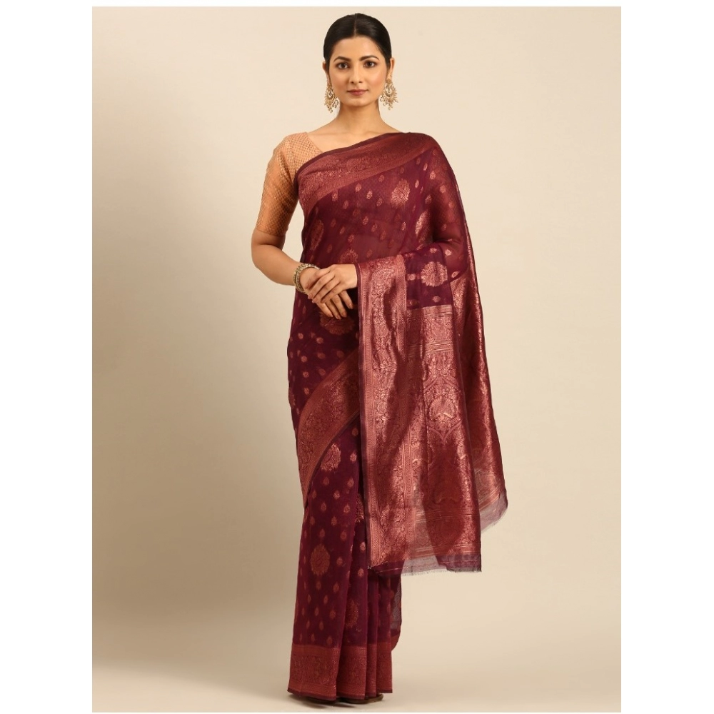 Generic Women's Cotton Woven Design Saree With Unstitched Blouse 5.5Mtr (Maroon)