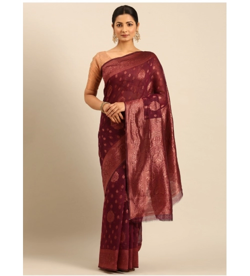 Generic Women's Cotton Woven Design Saree With Unstitched Blouse 5.5Mtr (Maroon)