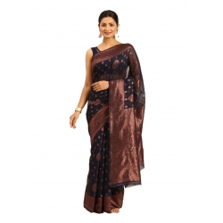 Generic Women's Cotton Woven Design Saree With Unstitched Blouse 5.5Mtr (Navy-Blue)