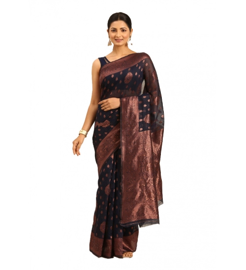 Generic Women's Cotton Woven Design Saree With Unstitched Blouse 5.5Mtr (Navy-Blue)