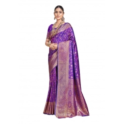 Generic Women's Silk Printed Saree With Unstitched Blouse 5.5Mtr (Purple)