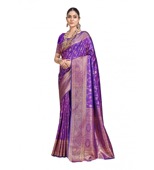 Generic Women's Silk Printed Saree With Unstitched Blouse 5.5Mtr (Purple)