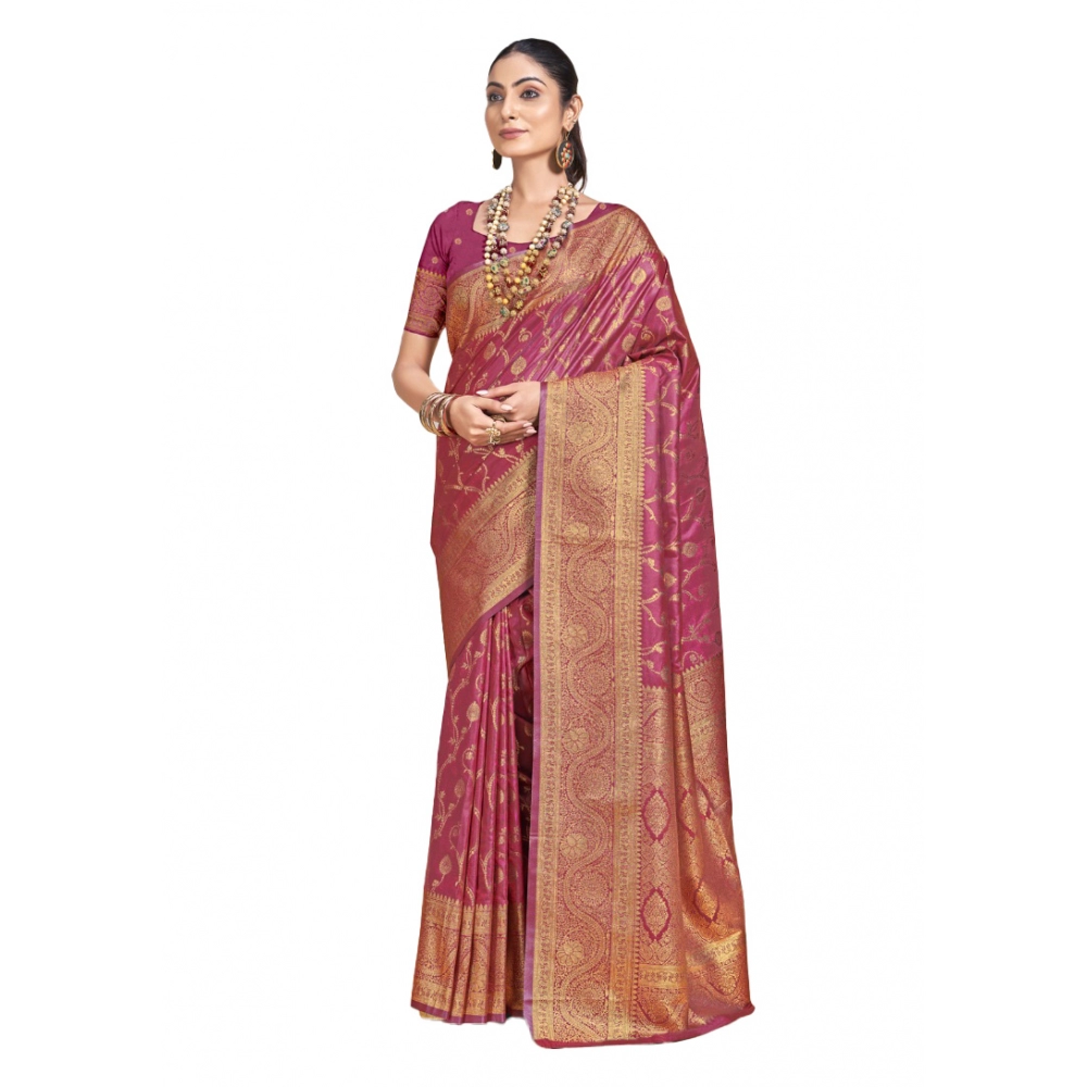 Generic Women's Silk Printed Saree With Unstitched Blouse 5.5Mtr (Pink)