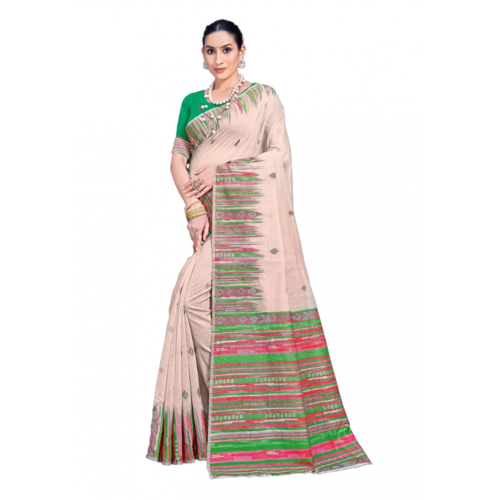 Generic Women's Cotton Printed Saree With Unstitched Blouse 5.5Mtr (Cream-Lightgreen)