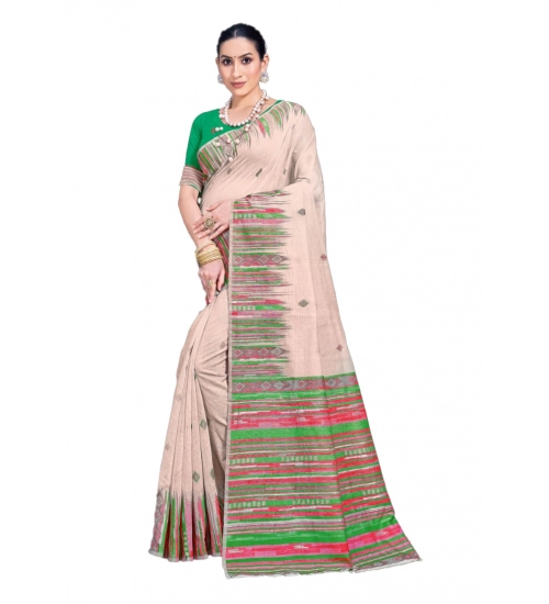 Generic Women's Cotton Printed Saree With Unstitched Blouse 5.5Mtr (Cream-Lightgreen)