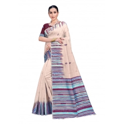 Generic Women's Cotton Printed Saree With Unstitched Blouse 5.5Mtr (Cream)
