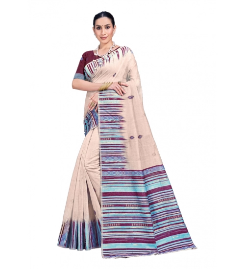 Generic Women's Cotton Printed Saree With Unstitched Blouse 5.5Mtr (Cream)