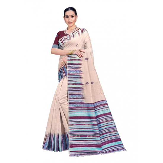 Generic Women's Cotton Printed Saree With Unstitched Blouse 5.5Mtr (Cream)