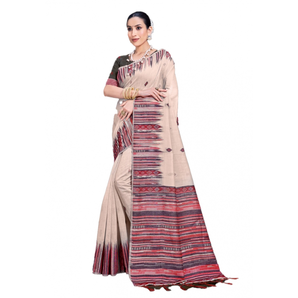 Generic Women's Cotton Printed Saree With Unstitched Blouse 5.5Mtr (Cream-Pink)