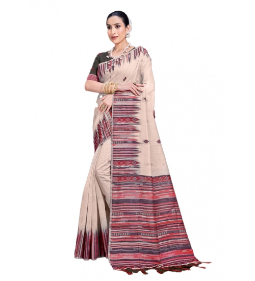Generic Women's Cotton Printed Saree With Unstitched Blouse 5.5Mtr (Cream-Pink)