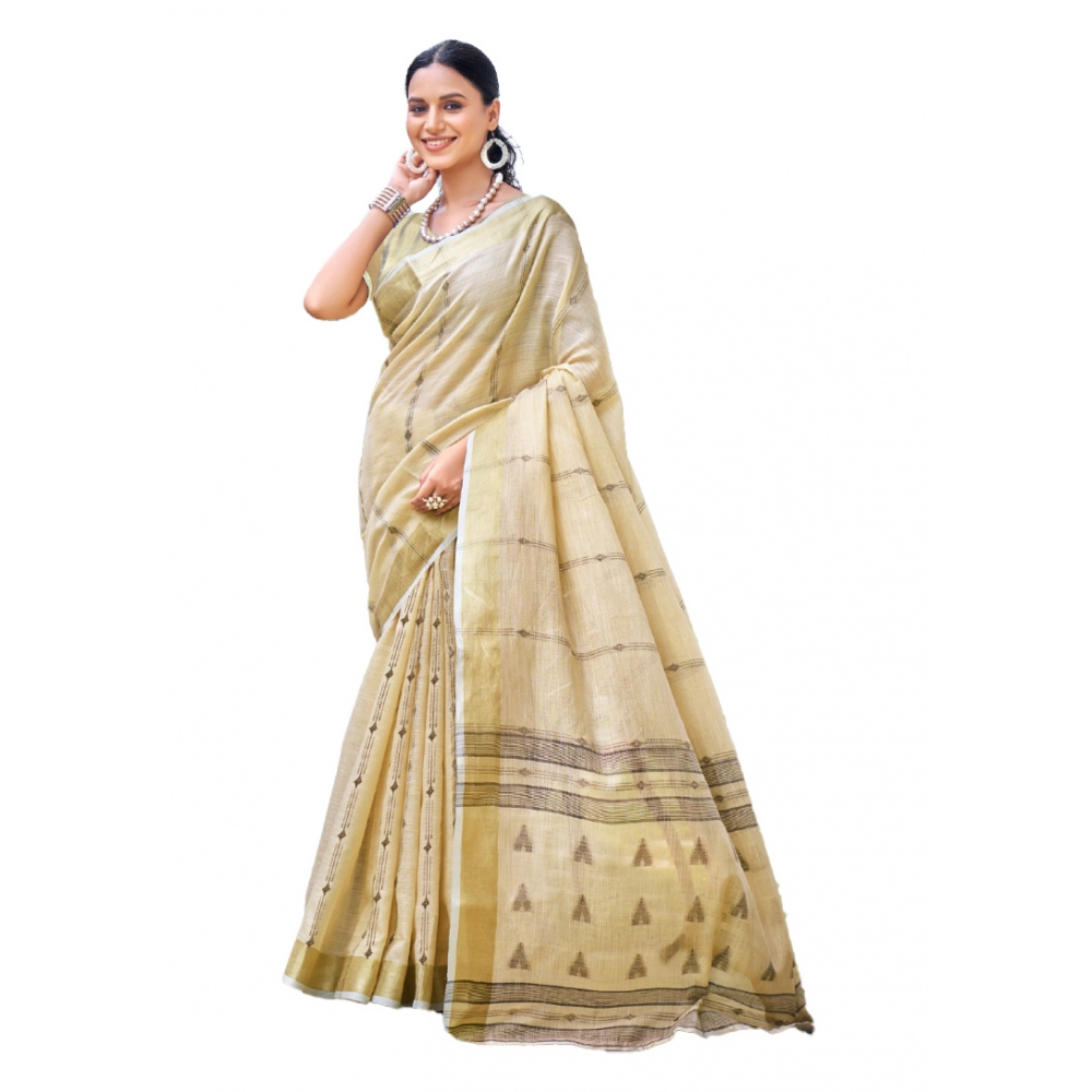 Generic Women's Cotton Printed Saree With Unstitched Blouse 5.5Mtr (Cream-Grey)