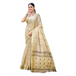 Generic Women's Cotton Printed Saree With Unstitched Blouse 5.5Mtr (Cream-Grey)