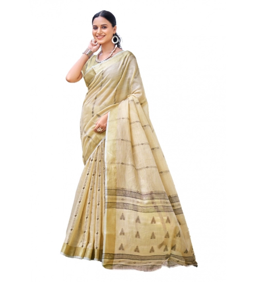 Generic Women's Cotton Printed Saree With Unstitched Blouse 5.5Mtr (Cream-Grey)