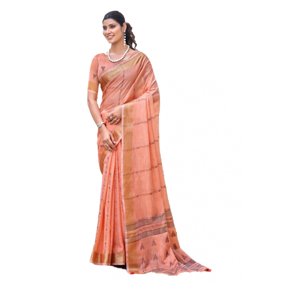 Generic Women's Cotton Printed Saree With Unstitched Blouse 5.5Mtr (Peach)