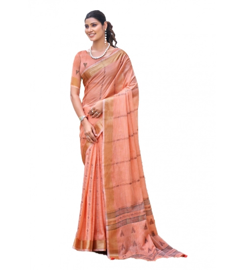 Generic Women's Cotton Printed Saree With Unstitched Blouse 5.5Mtr (Peach)